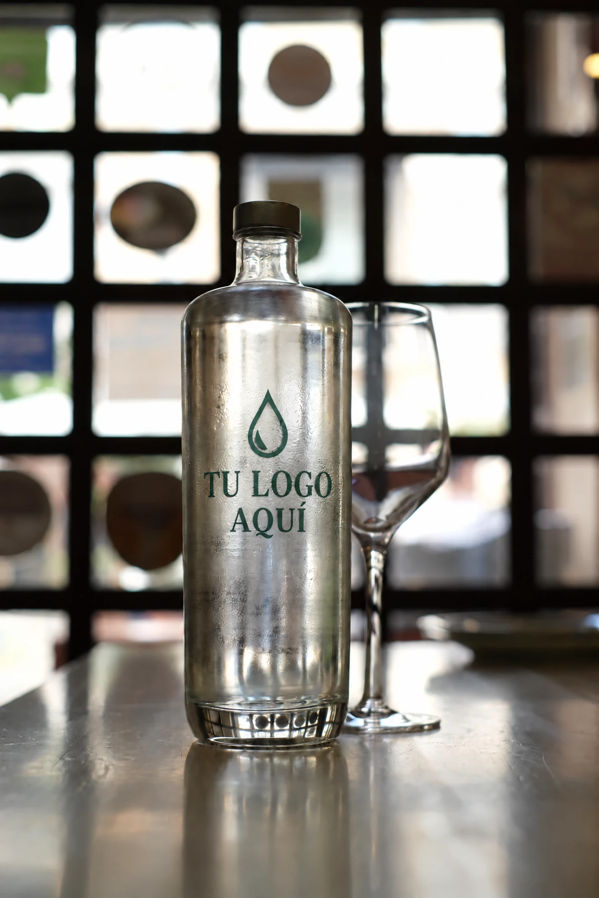 Botella de cristal reutilizable personalizada con la muestra Tu logo aquí