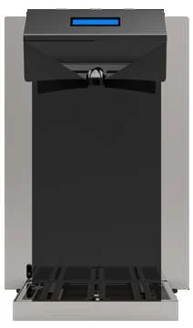 Columna electrónica de dispensación de agua en acabado oscuro e inoxidable sin marca