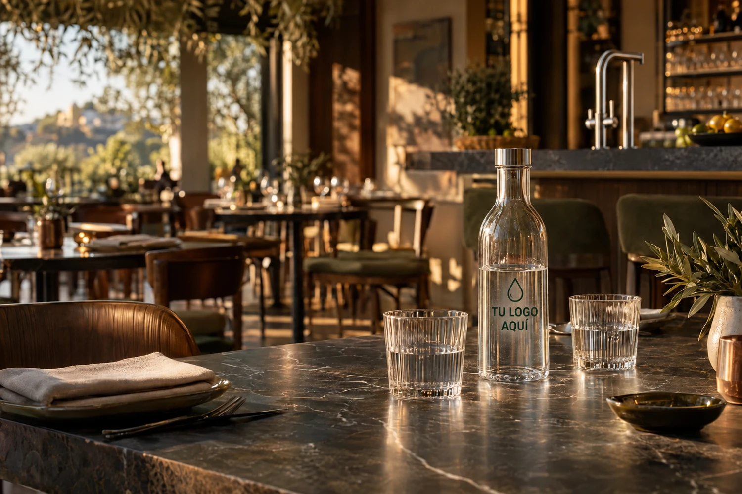 Botella de cristal en restaurante con muestra de personalización Tu logo aquí