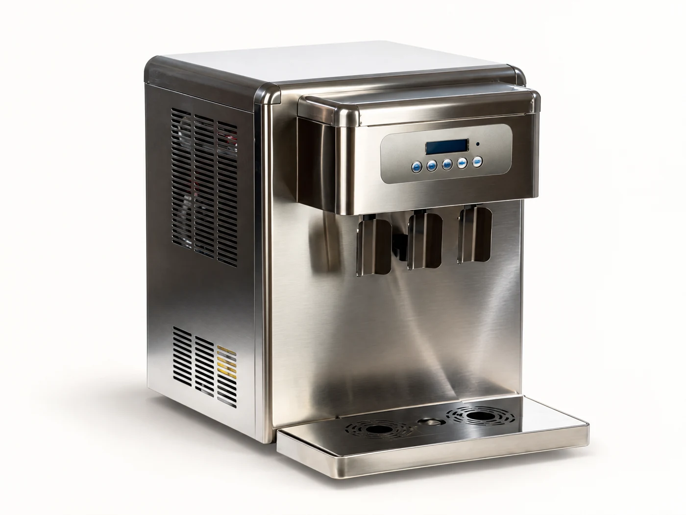 Dispensador HORECA de 65 litros por hora, acabado inoxidable y tres salidas, sin marca visible
